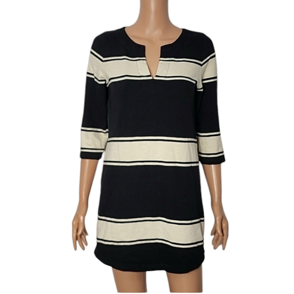 J.Crew Stripped Black And Cream 3/4 Sleeve‎ Mini Shift Dress Size XS 100% Catton